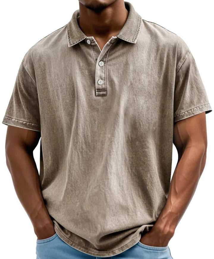 Stone-taupe washed polo shirt with relaxed fit for men