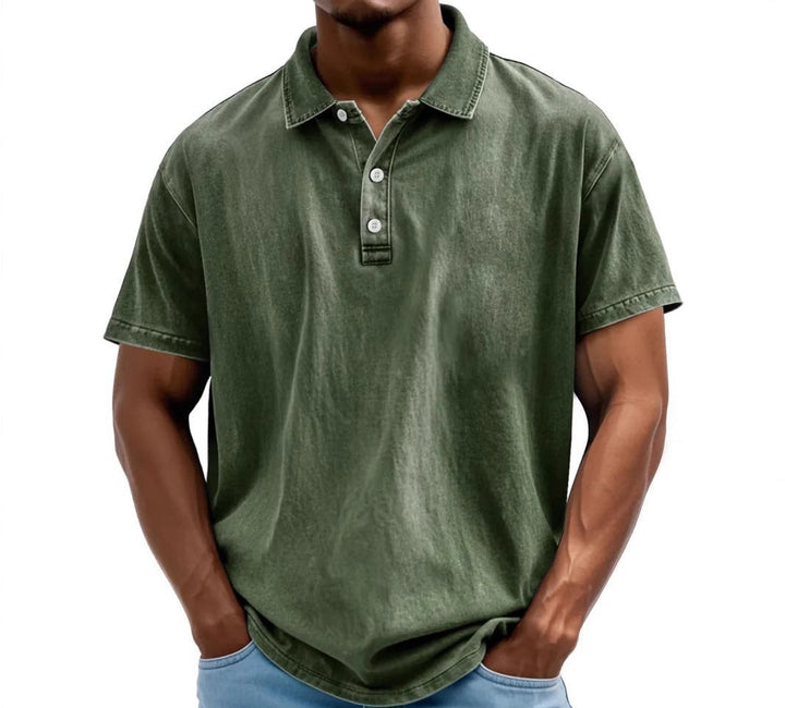 Olive green washed polo shirt with button-up collar detail