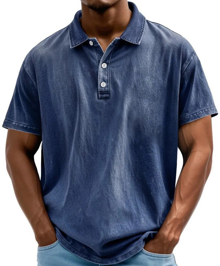 Navy washed polo shirt with vintage-style faded finish