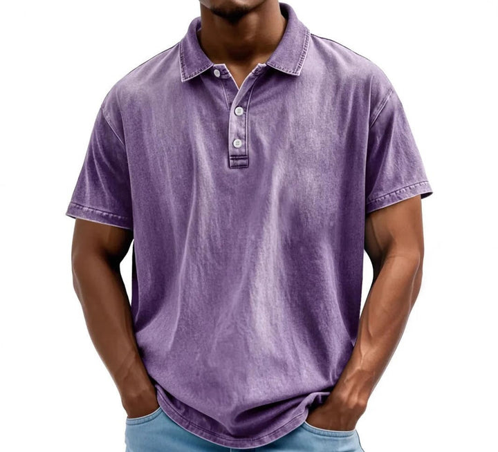 Lilac washed cotton polo shirt with short sleeves and buttons