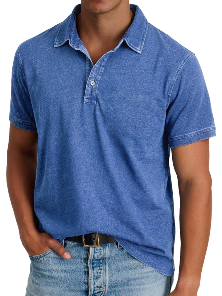 Men's acid-wash blue polo shirt with two-button placket and short sleeves