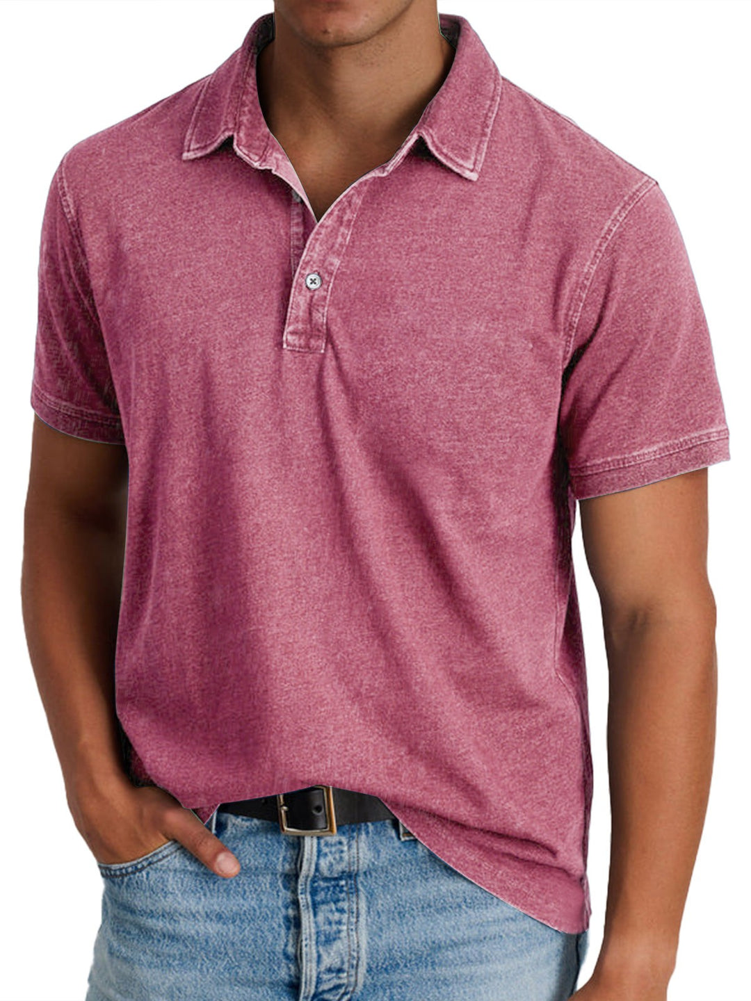 Maroon acid-wash polo shirt with vintage-style button placket