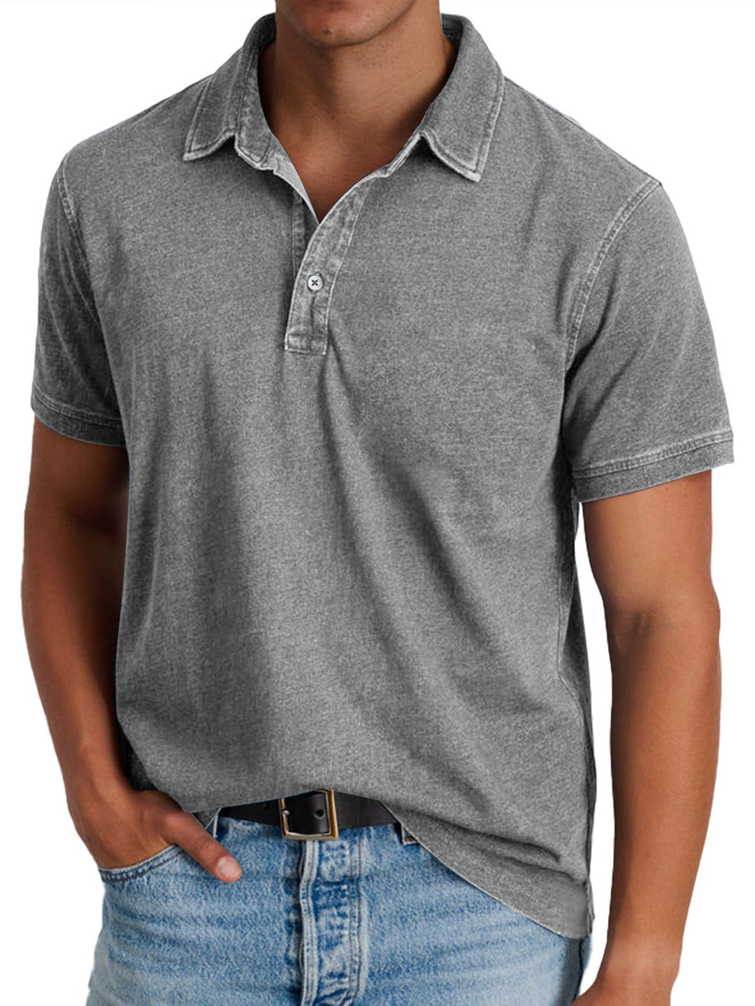 Grey stonewash polo shirt featuring short sleeves and button placket