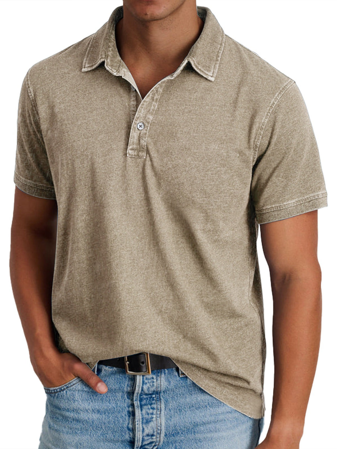 Beige stonewash polo shirt paired with light denim jeans