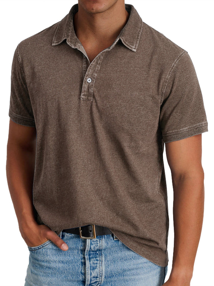 Brown faded cotton polo shirt with short sleeves and buttoned collar