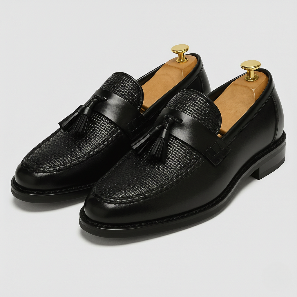 Black leather tassel loafers with woven textured toe and saddle strap detail