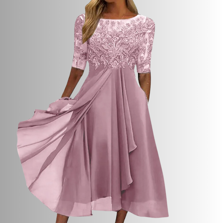 Lace Top Short Sleeve Midi Dress for Women