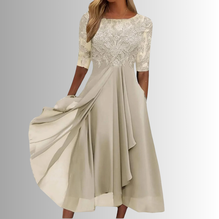 Lace Top Short Sleeve Midi Dress for Women