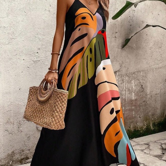 Tropical Print V-Neck Sleeveless Maxi Dress for Women