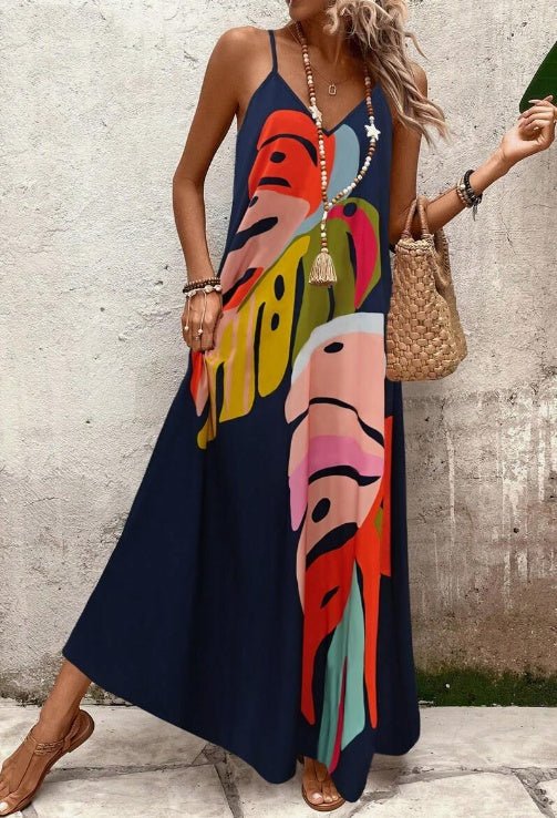 Tropical Print V-Neck Sleeveless Maxi Dress for Women