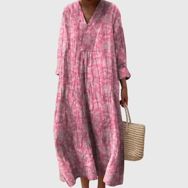 Geometric Print V-Neck Long Sleeve Maxi Dress for Women