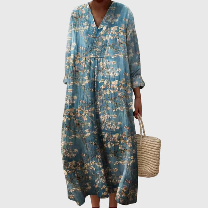 Geometric Print V-Neck Long Sleeve Maxi Dress for Women