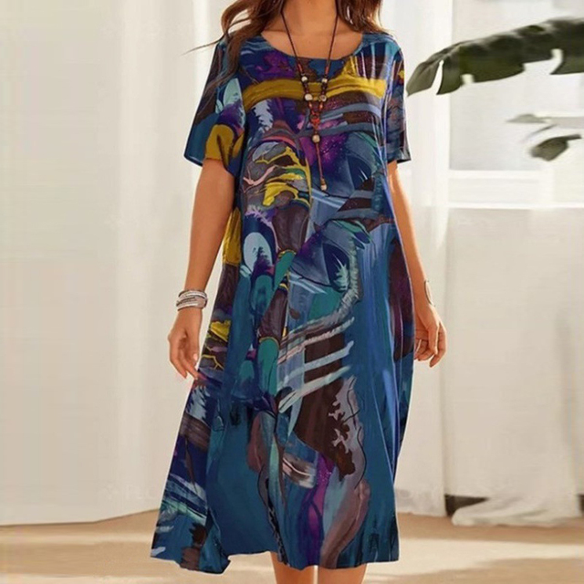 Blue abstract print midi dress with round neck and short sleeves