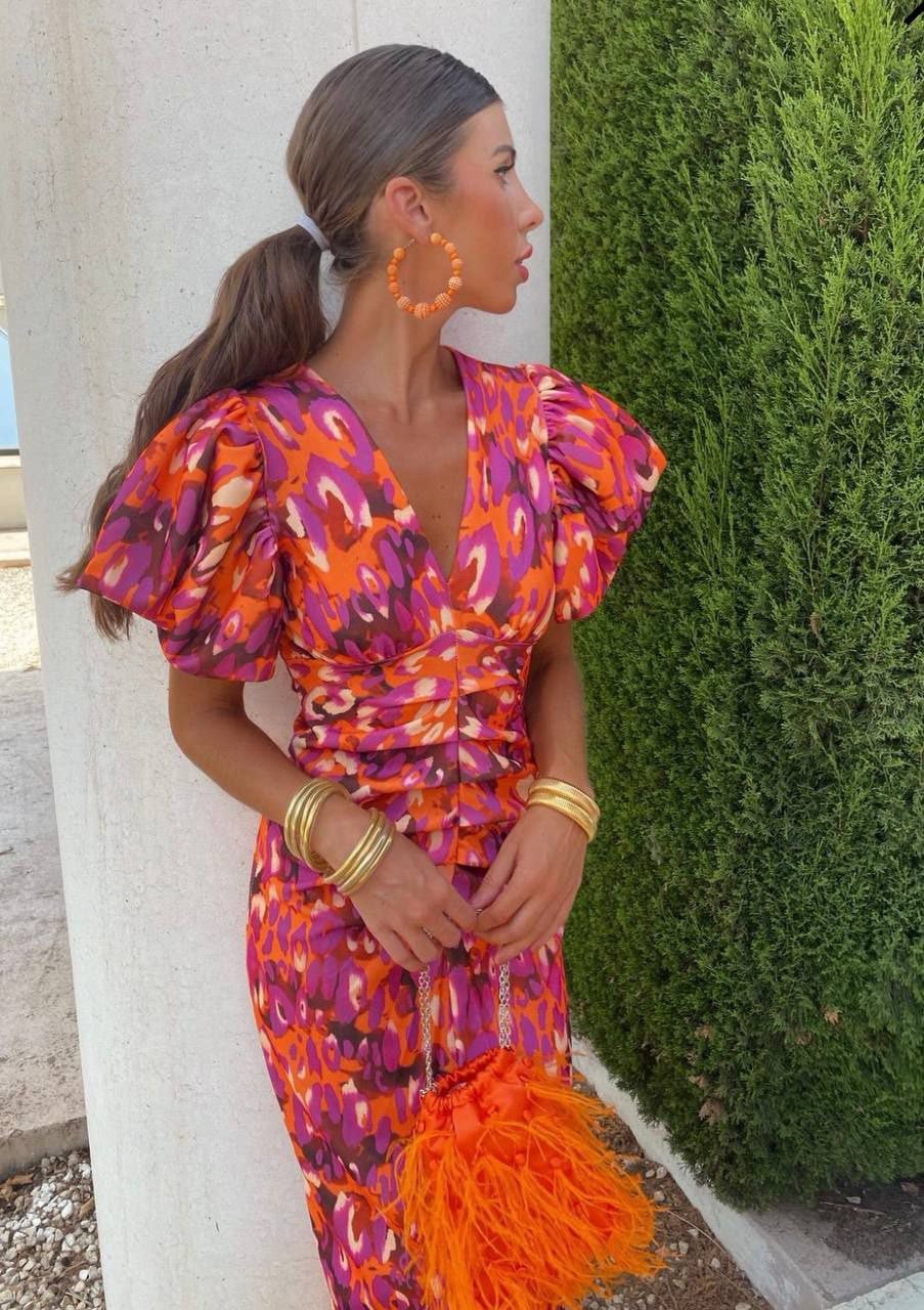 Orange and pink leopard-print midi dress with puff sleeves and ruched waist detail