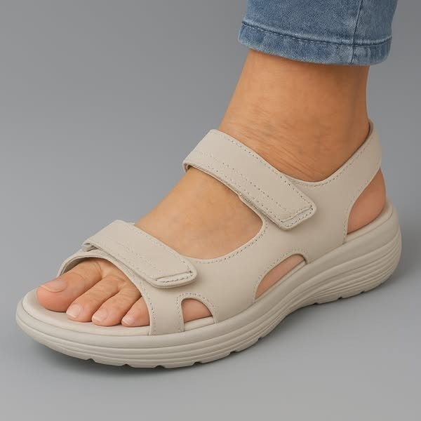 Beige orthopaedic sandals featuring adjustable straps and a comfortable low wedge platform