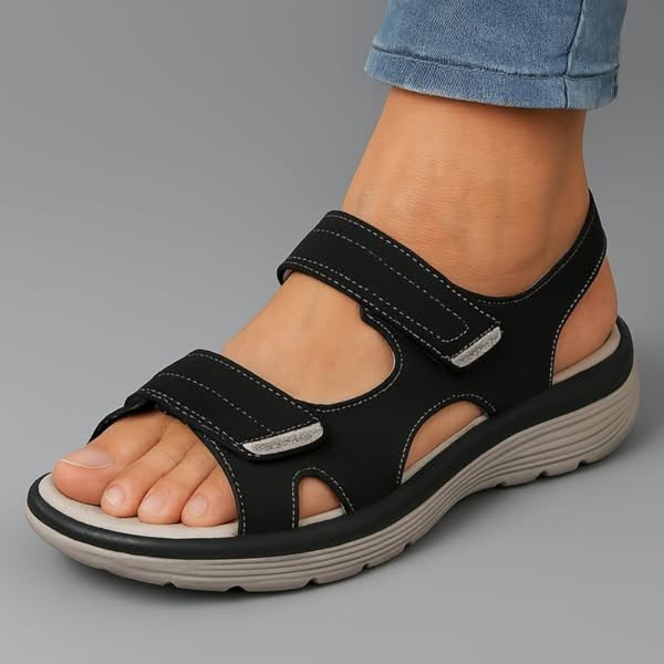 Black orthopaedic sandals with contrast stitching and dual hook-and-loop ankle straps