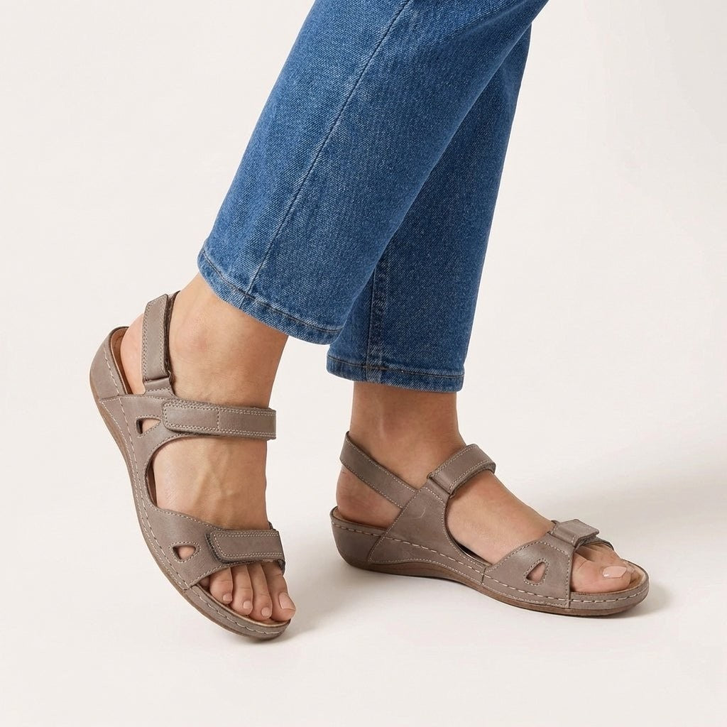 Taupe leather orthopedic sandals with triple adjustable straps and low wedge