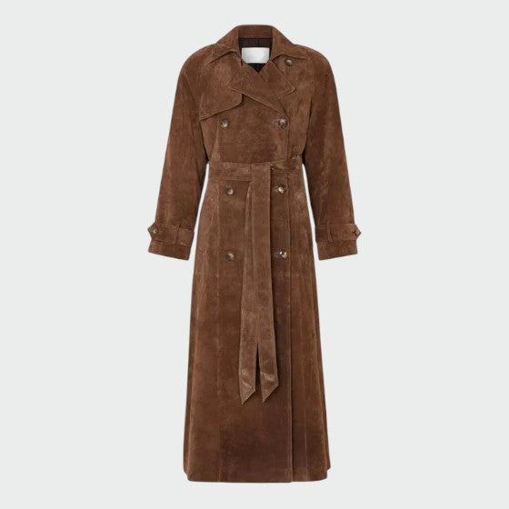 Brown suede trench coat with double-breasted buttons and belted waist