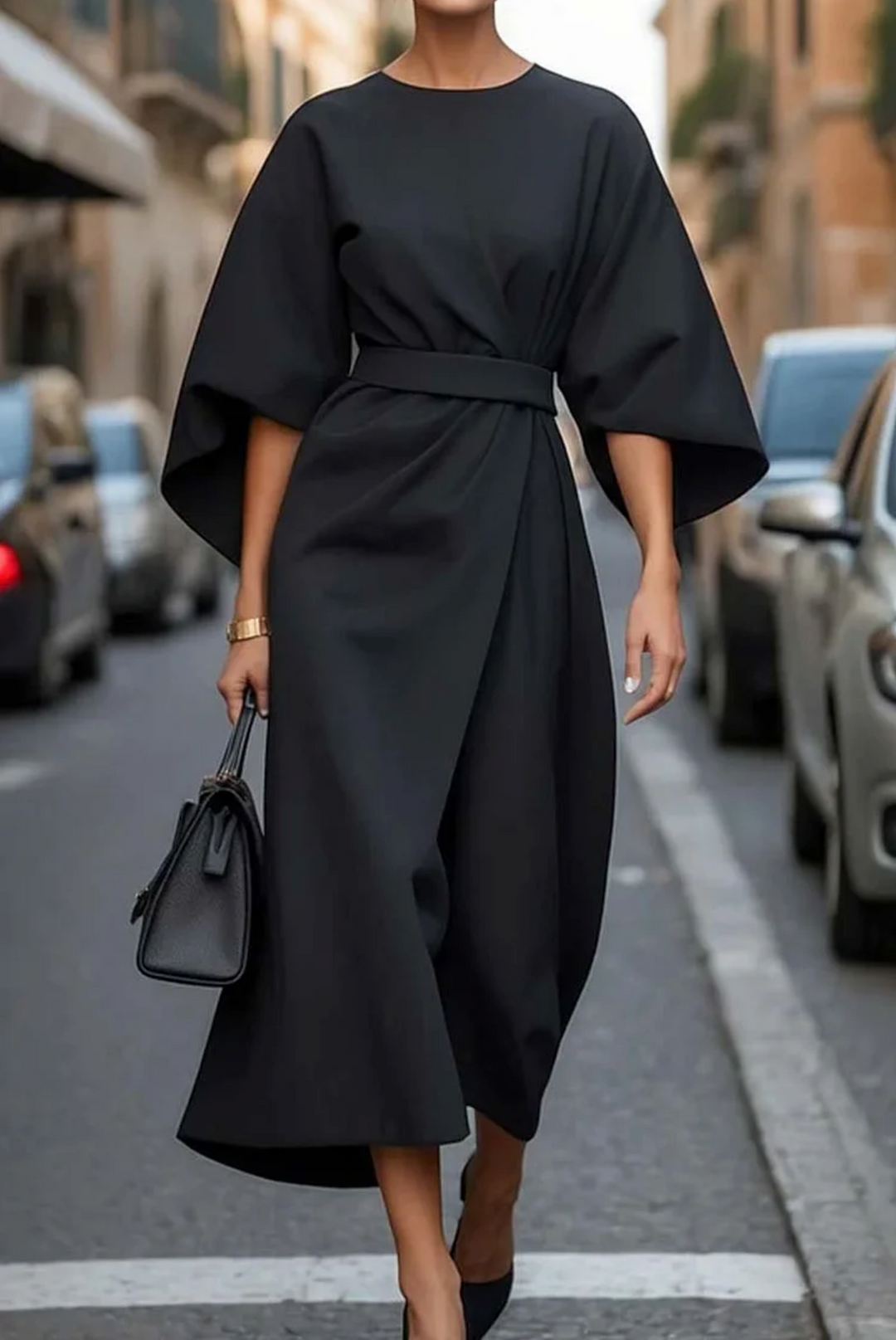 Black midi dress with dramatic lantern sleeves and a wide waist belt, styled with a handbag