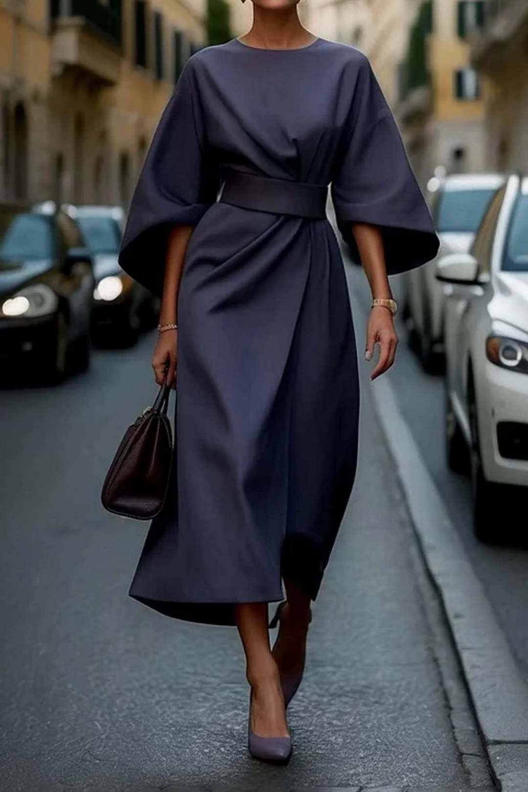 Navy lantern-sleeve midi dress cinched with a contrast belt, worn with pointed heels
