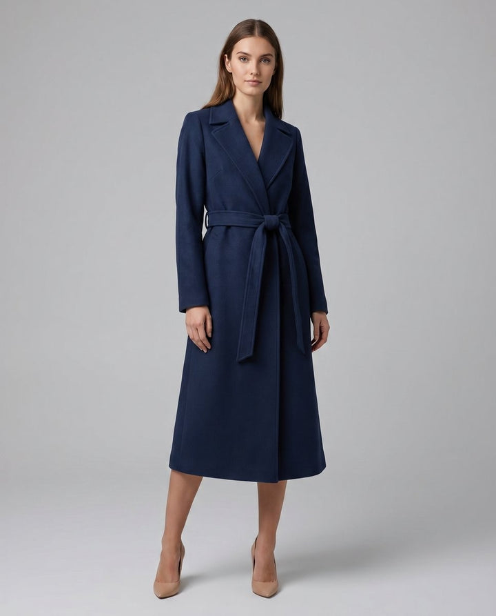 Navy belted overcoat with notched lapel, cinched waist and A-line midi length