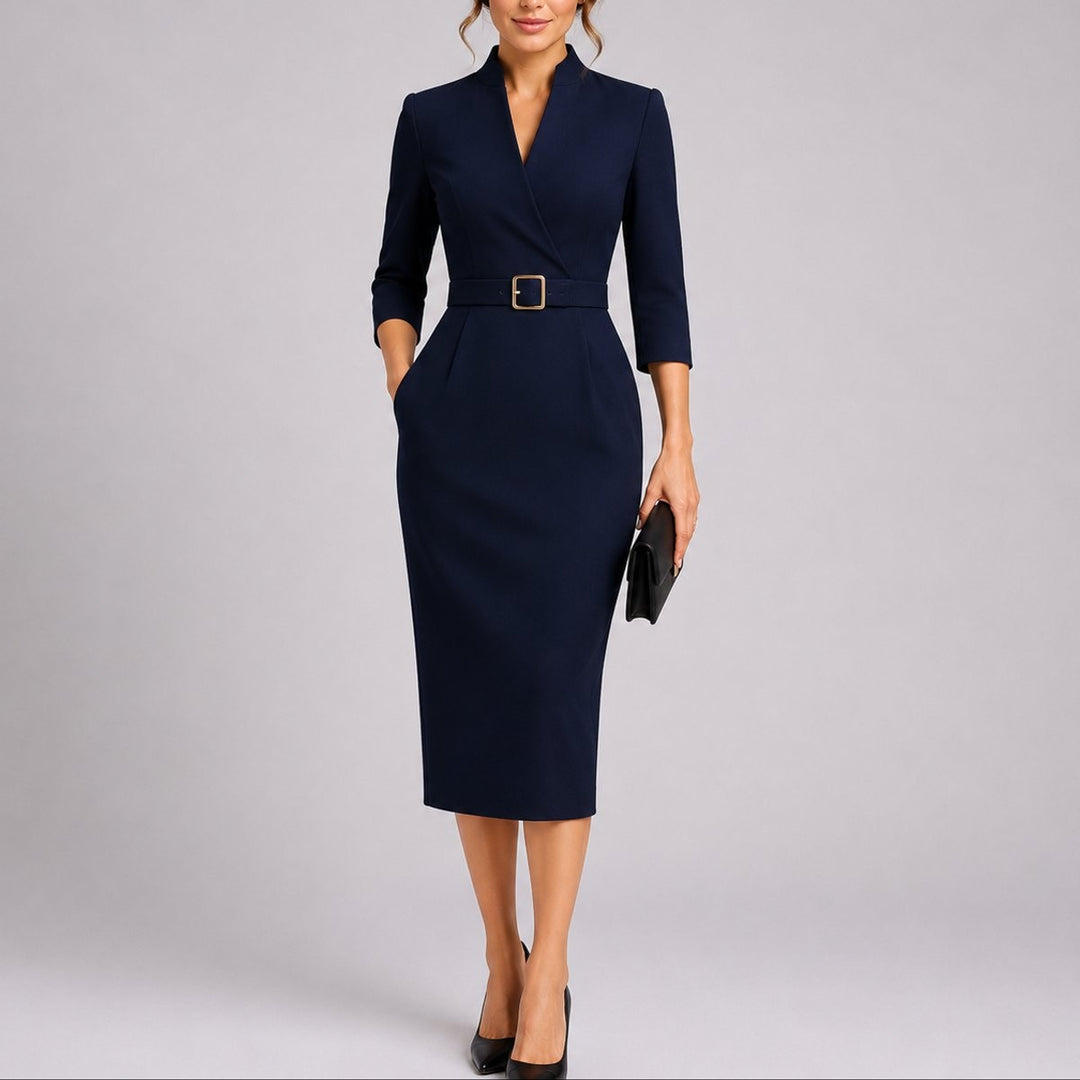 Navy belted bodycon midi dress with V-neck and three-quarter sleeves