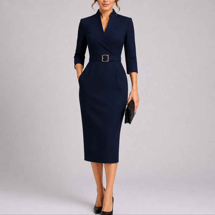 Navy belted bodycon midi dress with V-neck and three-quarter sleeves