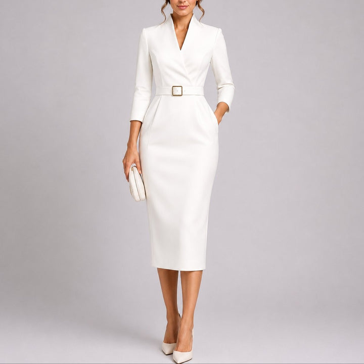 White belted bodycon midi dress featuring a V-neck and tailored waist