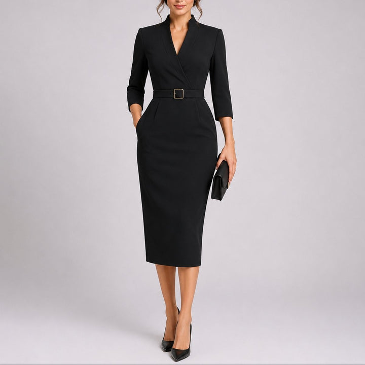 Black belted bodycon midi dress with V-neck and three-quarter sleeves
