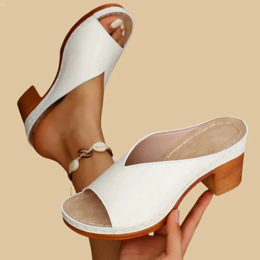 White leather peep-toe sandal with chunky block heel and topstitched trim