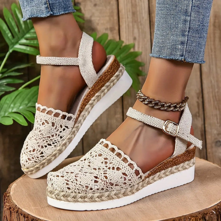 Cream crochet espadrille wedge sandal with buckled ankle strap and jute trim