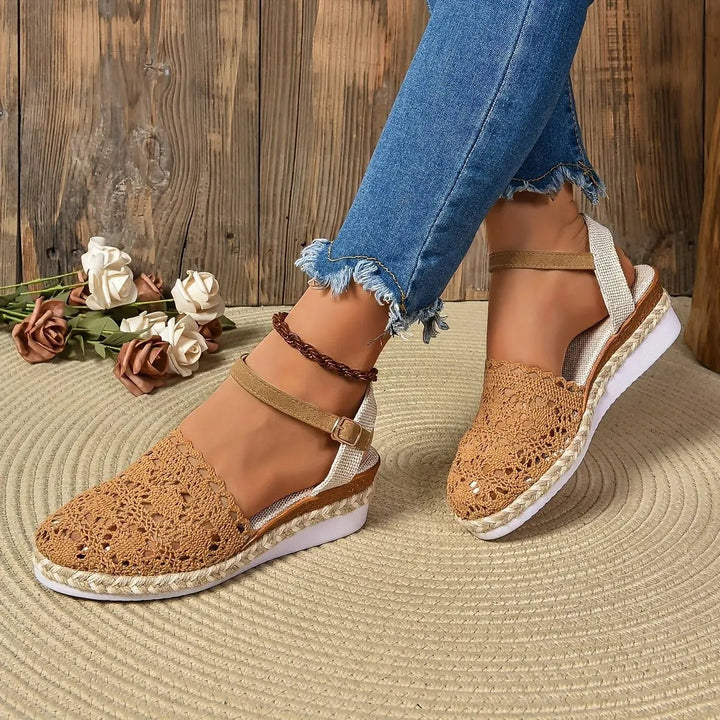 Cream crochet espadrille sandals worn together showing both ankle strap styles