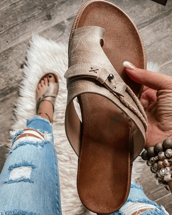 Metallic bronze toe-post flat sandal with braided strap detail