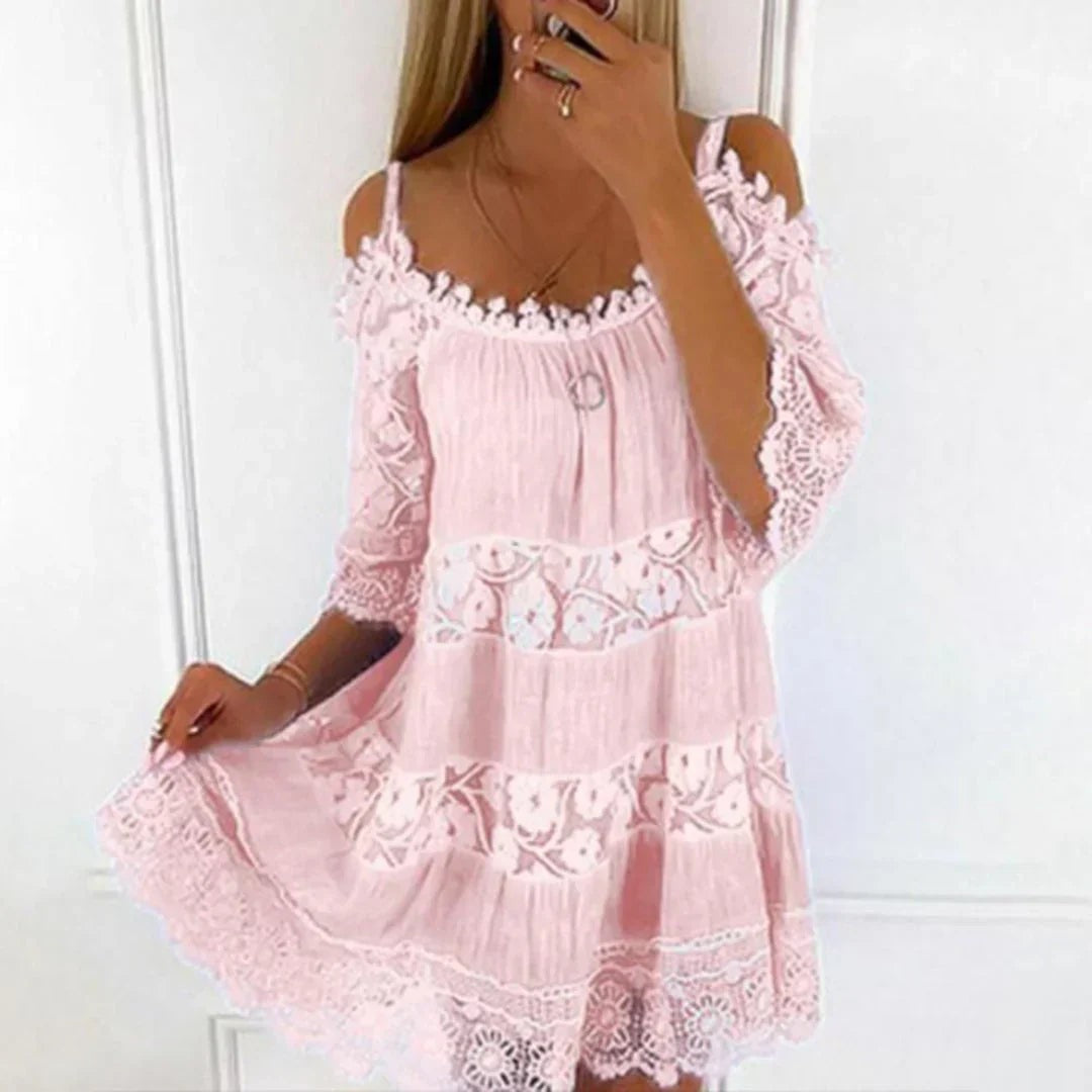 Blush pink cold-shoulder dress with lace inserts and scalloped crochet hemline
