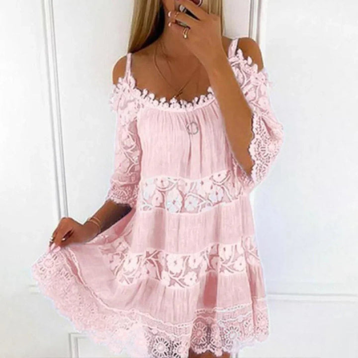 Blush pink cold-shoulder dress with lace inserts and scalloped crochet hemline