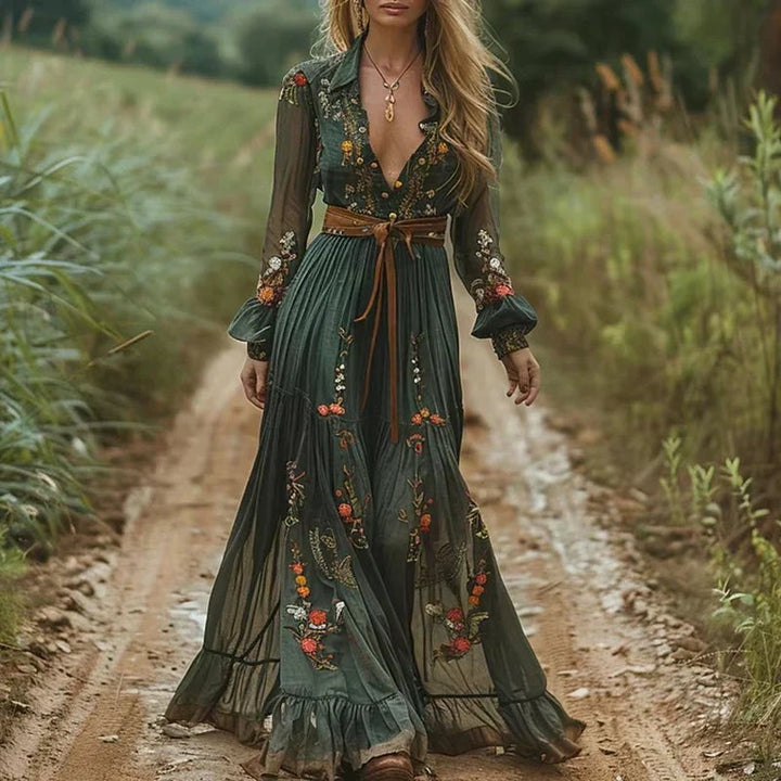 Green floral embroidered maxi dress with plunging neckline and tie belt