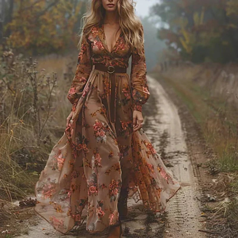 Brown floral chiffon maxi dress with long sleeves and buckle belt