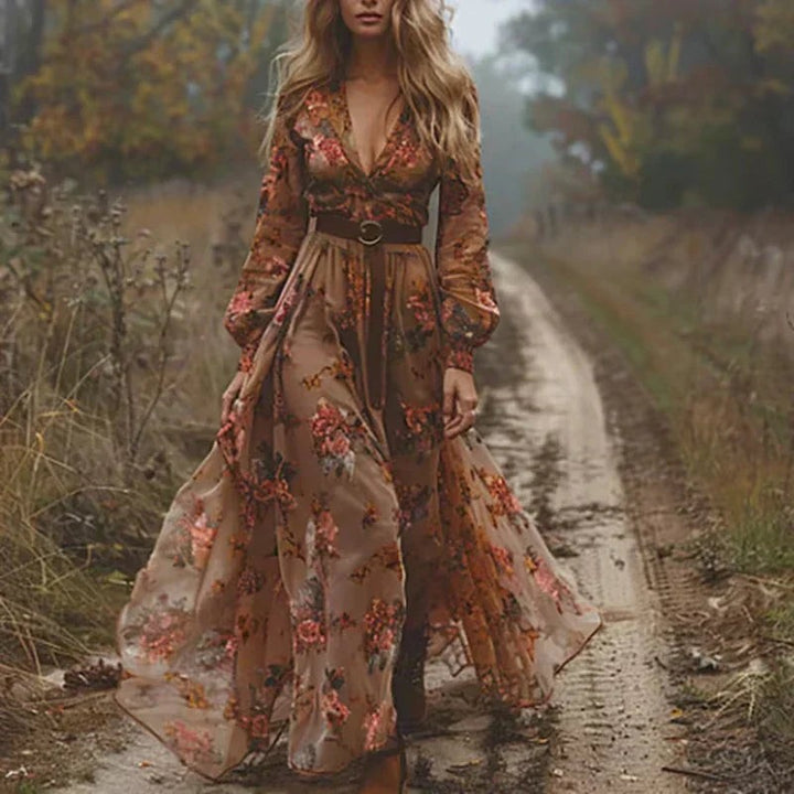 Brown floral chiffon maxi dress with long sleeves and buckle belt