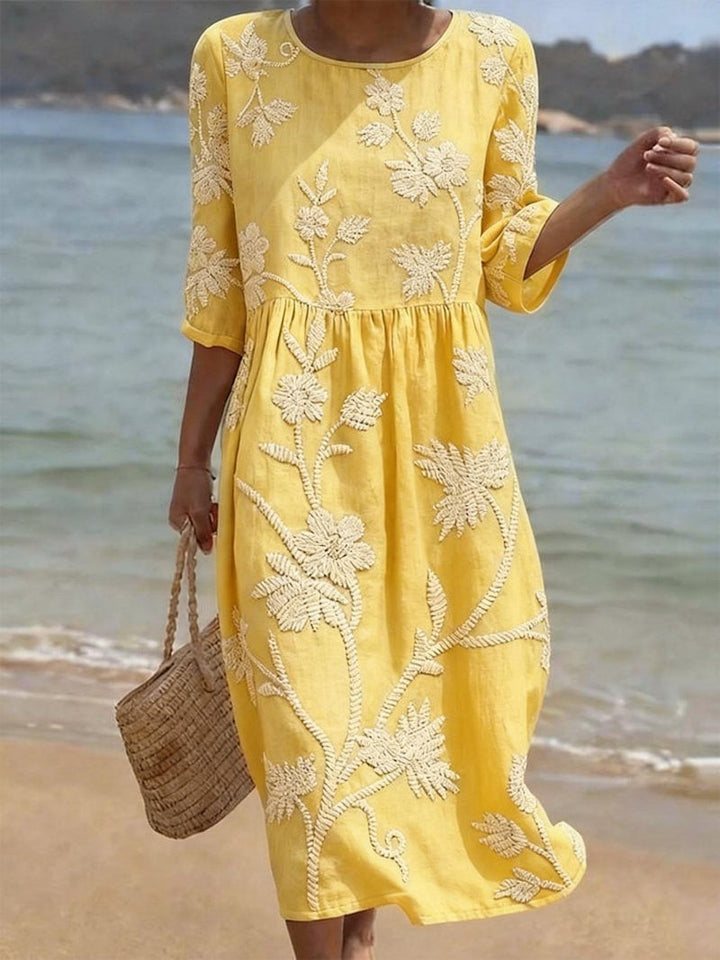 Sunshine yellow midi dress with cream floral stitching and relaxed fit