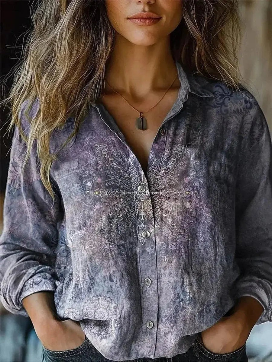 Grey and purple paisley print blouse with vintage tie-dye effect