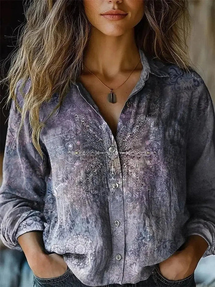 Grey and purple paisley print blouse with vintage tie-dye effect