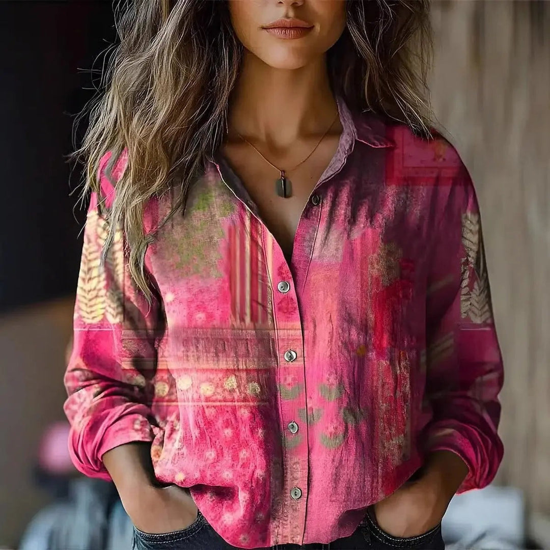 Pink tie-dye print blouse with button-up front and relaxed fit