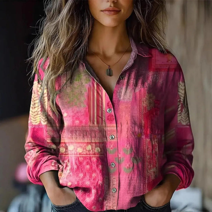 Pink tie-dye print blouse with button-up front and relaxed fit