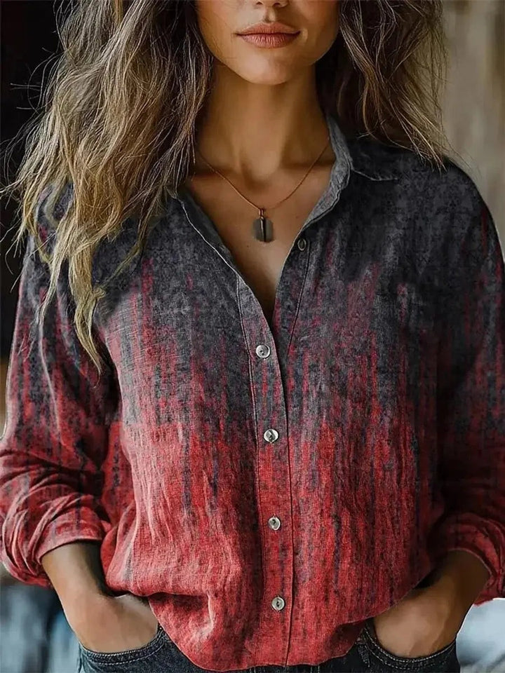 Red and grey ombre blouse with button-up front and long sleeves