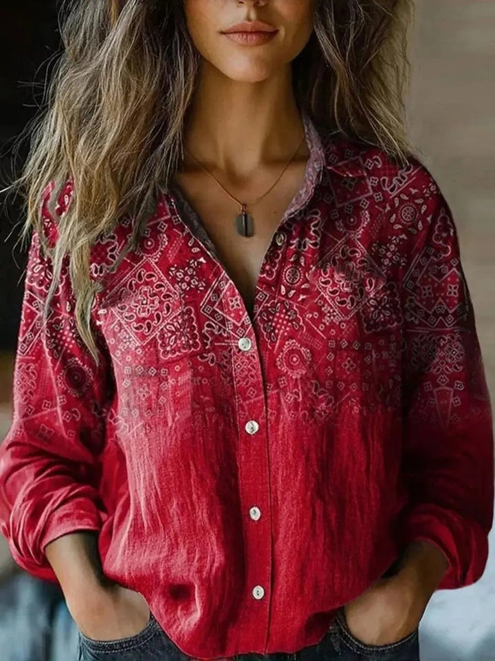 Red paisley bandana print blouse with ombre fade and button-up front
