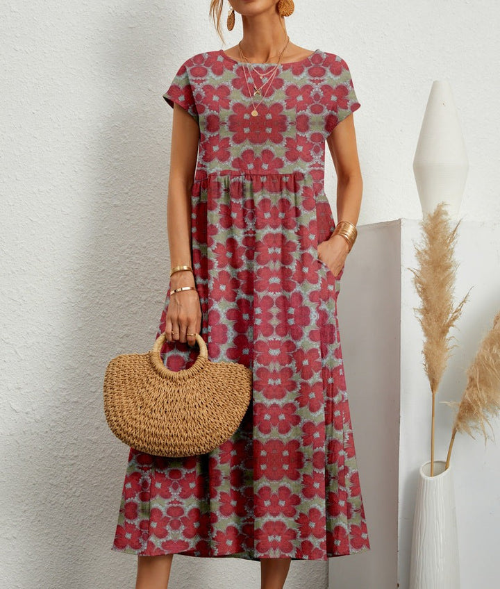 Red floral print midi dress with short sleeves and side pockets
