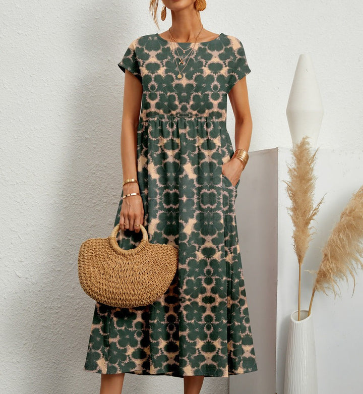 Green and beige tie-dye print midi dress with short sleeves