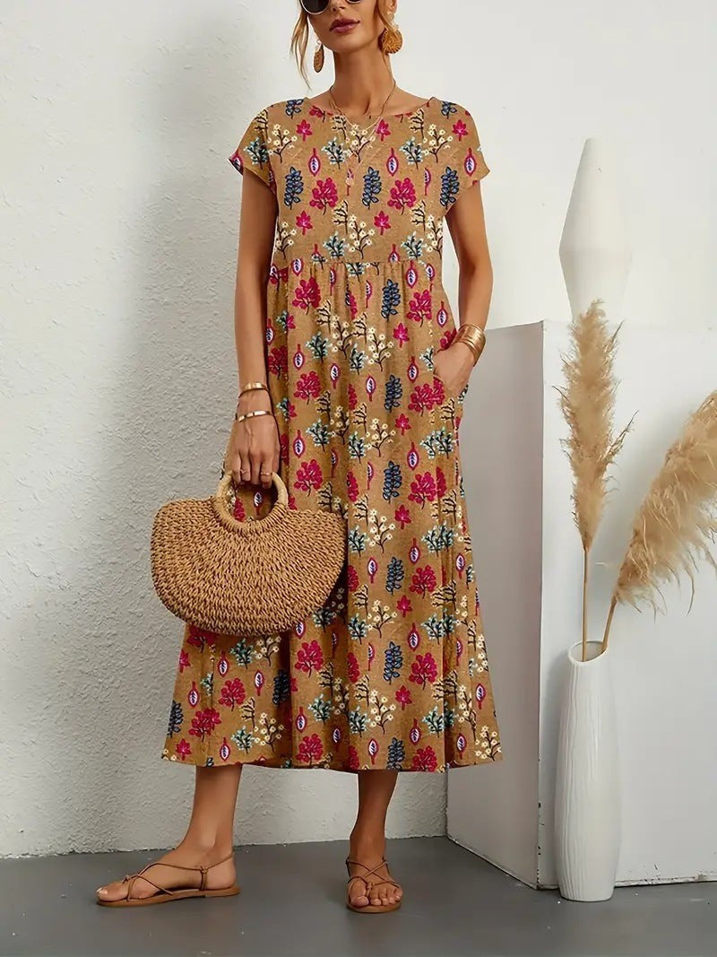 Tan floral print midi dress with short sleeves and flat sandals