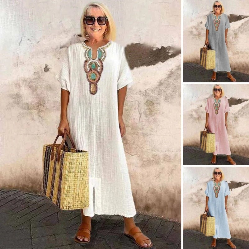 White boho maxi dress with colour swatches shown in grey, blue and pink