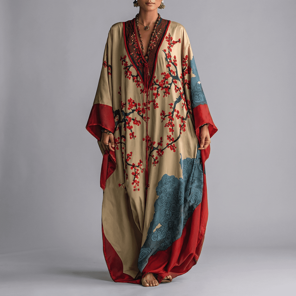 Beige kaftan maxi dress with red cherry blossom print and batwing sleeves